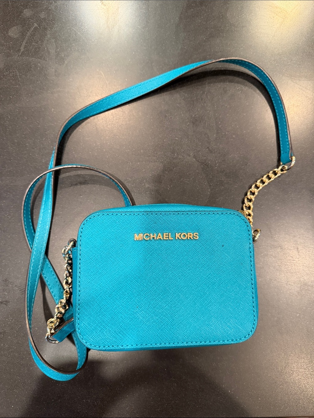 Michael Kors Turquoise Saffiano Leather Crossbody Bag with Gold Hardware